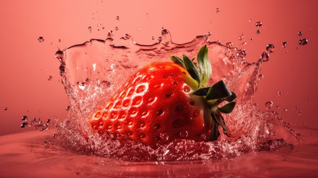 Une fraise éclabousse dans un bol d'eau.