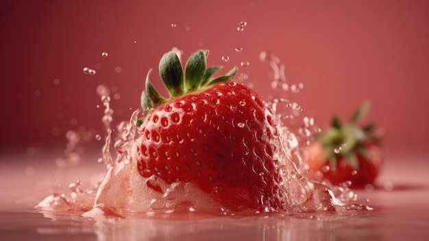 Une fraise éclabousse dans une goutte d'eau.