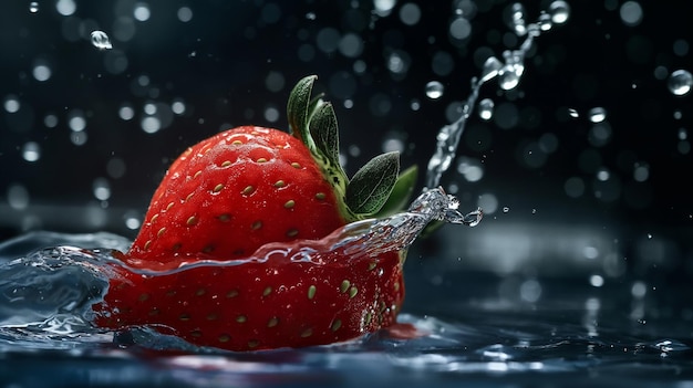 une fraise éclaboussée dans l'eau avec une éclabousse d'eau