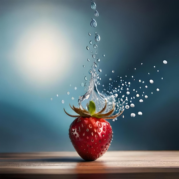 Une fraise éclaboussée d'eau sur une table