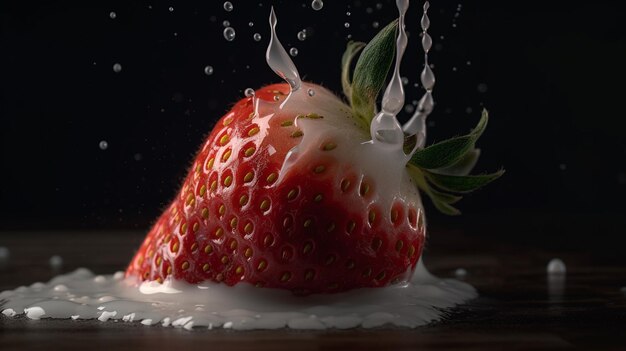 Fraise avec éclaboussures de lait sur table en bois et fond noir ai générative