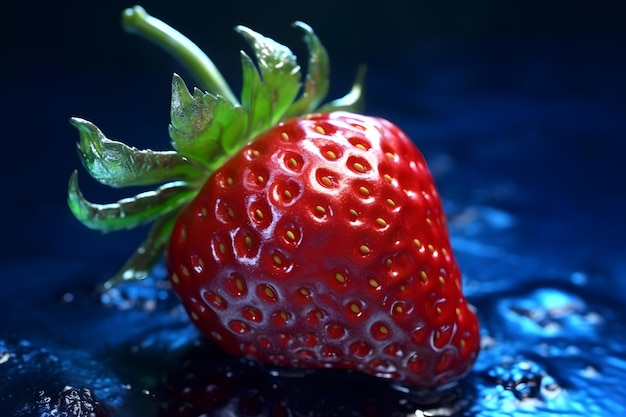 Une fraise est dans l'eau sur un fond bleu.