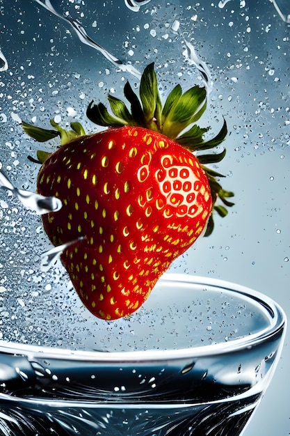 Une fraise est déposée dans un verre d'eau.