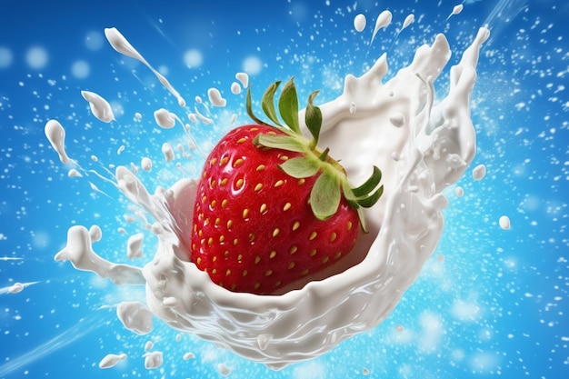 Une fraise est versée dans une éclaboussure de lait.