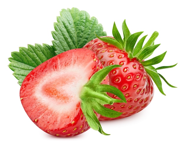 fraise, à, feuilles, attachant voie accès, mûrir, fraise, fruit, et, moitié, isolé, blanc