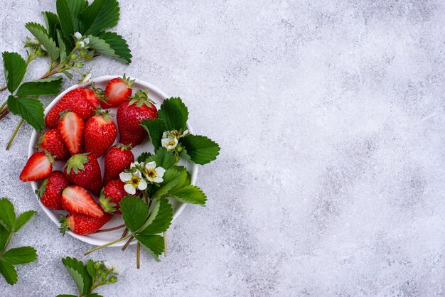 Fraise avec feuilles et fleurs