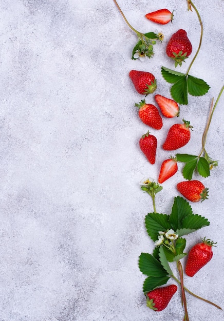 Fraise avec feuilles et fleurs