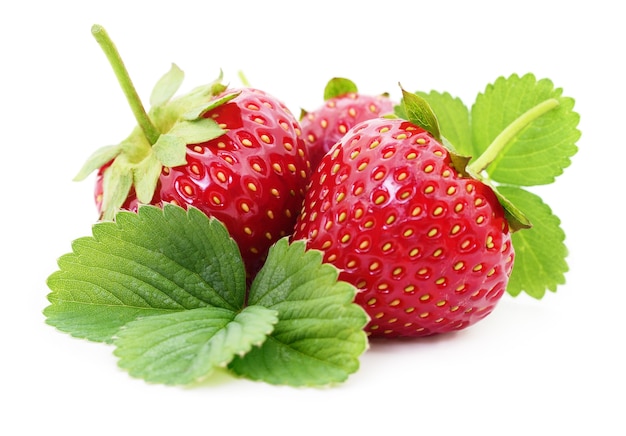 Fraise avec des feuilles isolées sur fond blanc