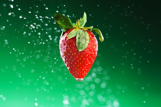 Fraise sur un fond vert avec des gouttes d&#39;eau