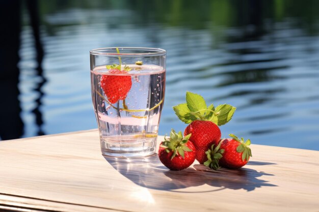 Photo une fraise fraîche se repose tentamment à côté d'un verre d'eau étincelant ar 32