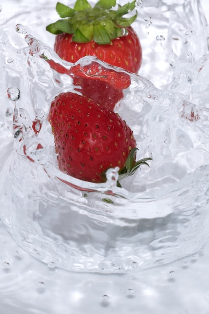 La fraise fraîche et sucrée mûre est lavée dans de l'eau froide propre avec des éclaboussures et des bulles en gros plan