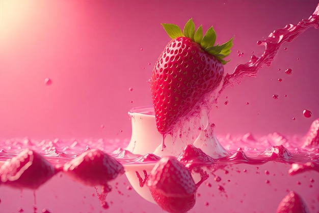 fraise fraîche tombant dans un liquide rose génératif ai