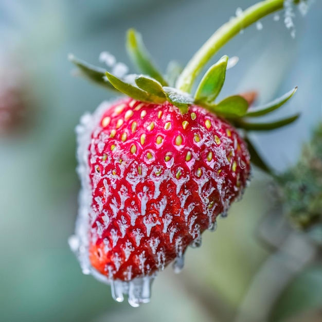 Fraise Fraise congelée recouverte de givre en gros plan