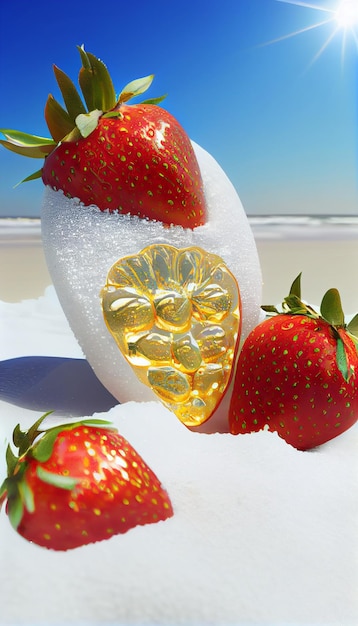 Une fraise et un fruit sont placés dans le sable.