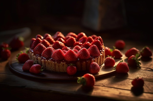 Fraise sur un gâteau en forme de cœur IA générative