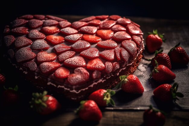 Fraise sur un gâteau en forme de cœur IA générative