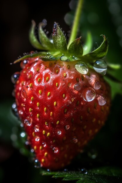 Une fraise avec des gouttes d'eau dessus