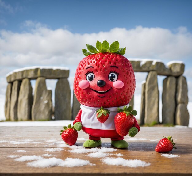 Fraise avec grimace sur fond de Stonehenge