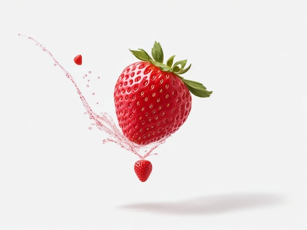 une fraise en lévitation sur un fond blanc