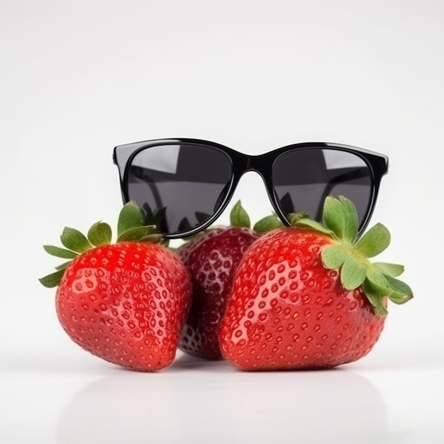 Une fraise avec des lunettes de soleil sur un fond blanc