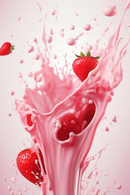 Une fraise rose éclaboussant dans un verre de lait.