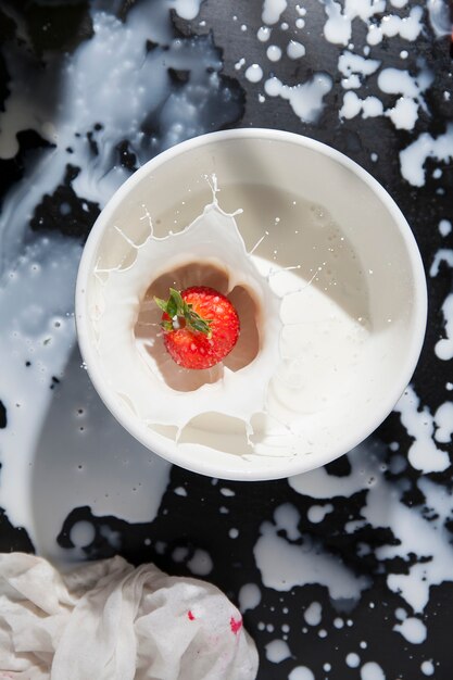 Fraise rouge fraîche tombant dans le lait avec une touche