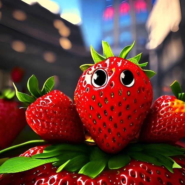 Photo une fraise rouge avec des yeux et un nez vert est assise sur un tas de fraises.