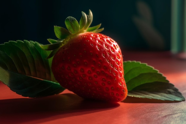 Une fraise sur une table rouge