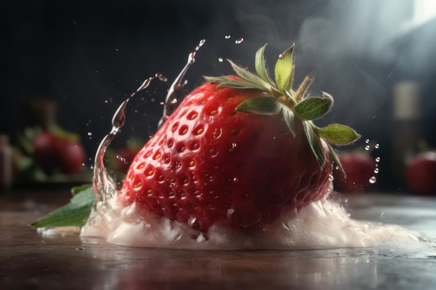 Une fraise tombant dans un bol d'eau