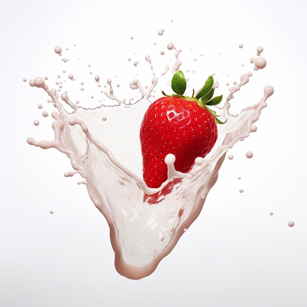 Fraise tombant dans le lait avec un fond rouge généré par l'IA