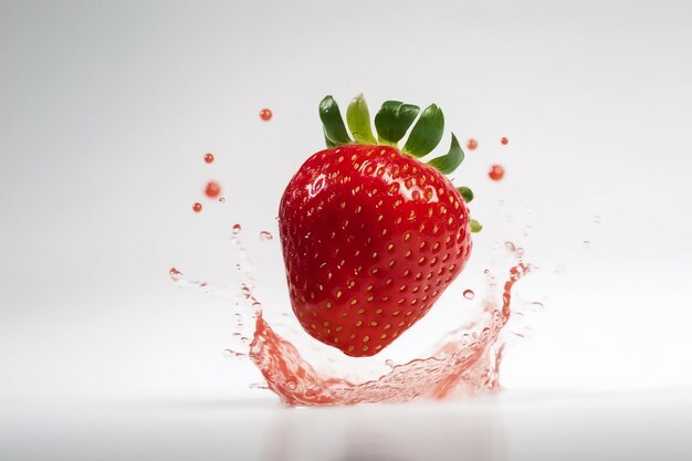 Une fraise tombe dans une éclaboussure d'eau.