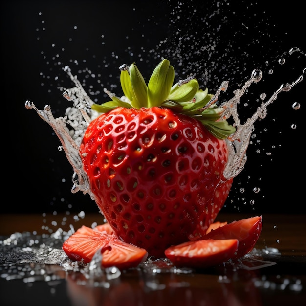 Une fraise tombe dans une éclaboussure d'eau.
