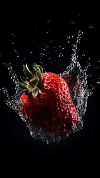 Une fraise tombe dans une éclaboussure d'eau.