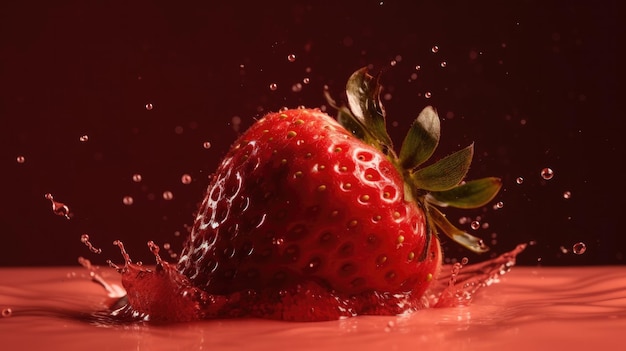 Une fraise tombe dans une goutte d'eau.