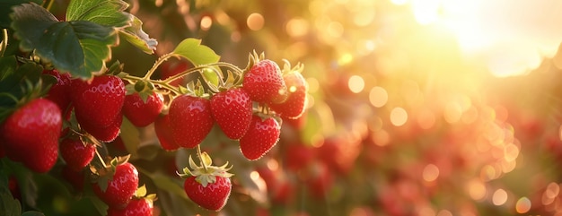 Des fraises accrochées à une branche