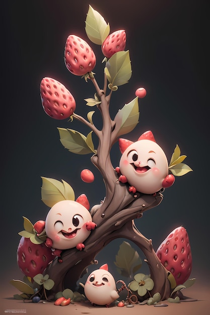 Fraises anthropomorphes avec un visage souriant sur fond de bois