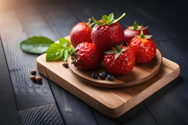 Fraises sur une assiette en bois avec des myrtilles sur une planche en bois