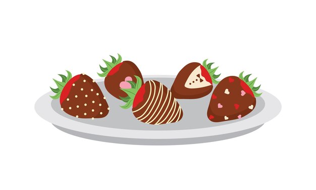 Photo fraises au chocolat au lait sur assiette désert sucré pour la saint-valentin illustration vectorielle dans le style de dessin animé plat
