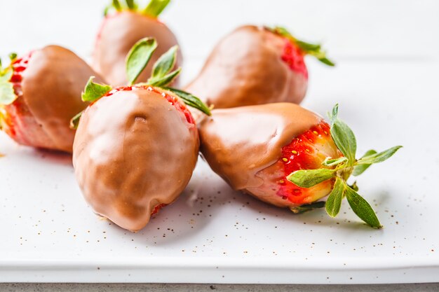 Fraises au chocolat sur fond blanc.