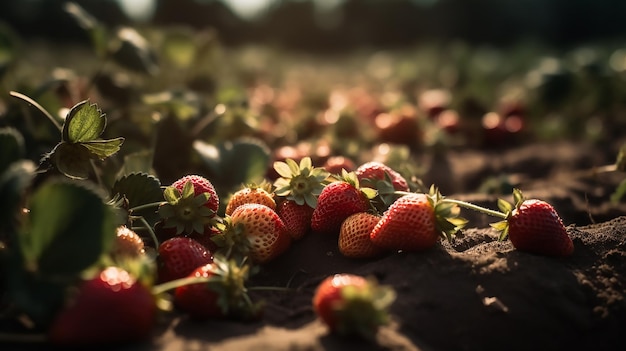 Fraises au sol dans un champ