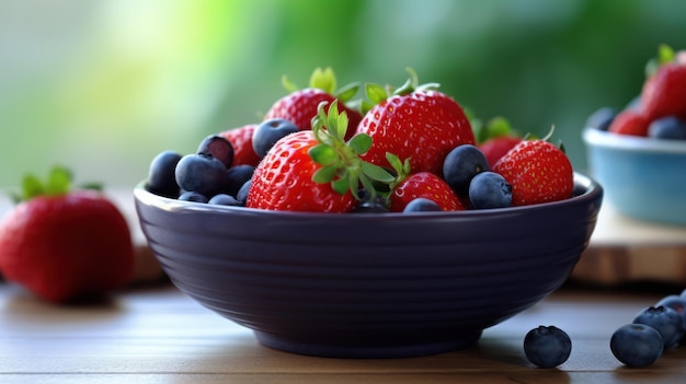 Des fraises et des bleuets dans un bol sur une petite table en bois