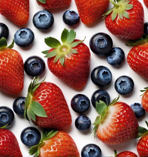 Des fraises et des bleuets sur fond blanc Vue de haut