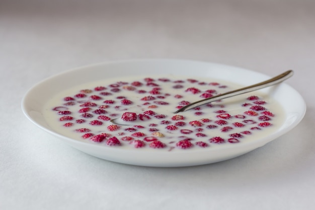 Fraises des bois fraîches avec du lait dans un bol blanc.