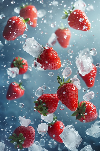 Des fraises congelées et des cubes de glace qui tombent.