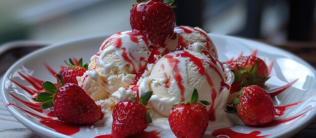 Photo des fraises sur une crème glacée à la vanille faite maison.