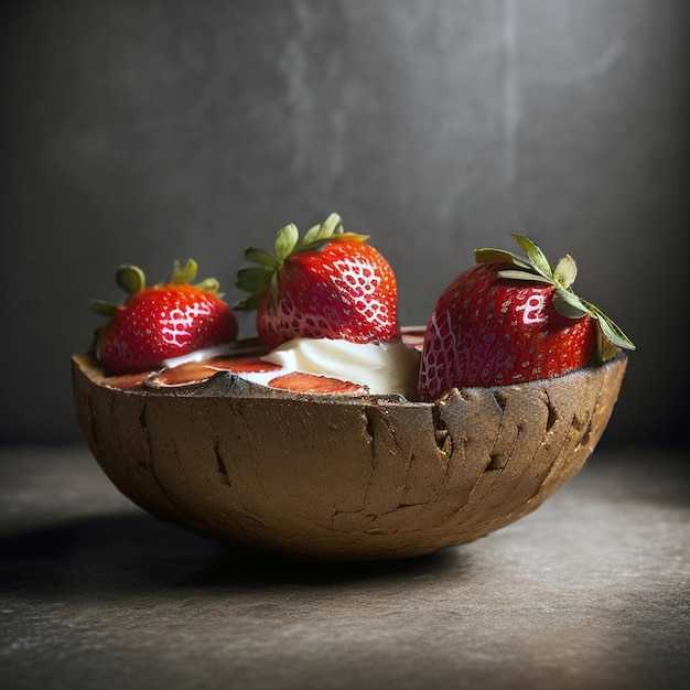 Des fraises dans un bol en bois avec de la crème