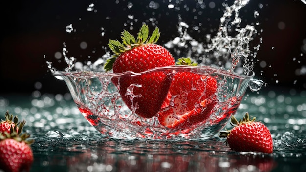 Des fraises dans des éclaboussures d'eau