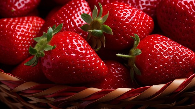Photo des fraises dans un panier isolé détail en gros plan d'une fraise rouge fraîche avec des feuilles