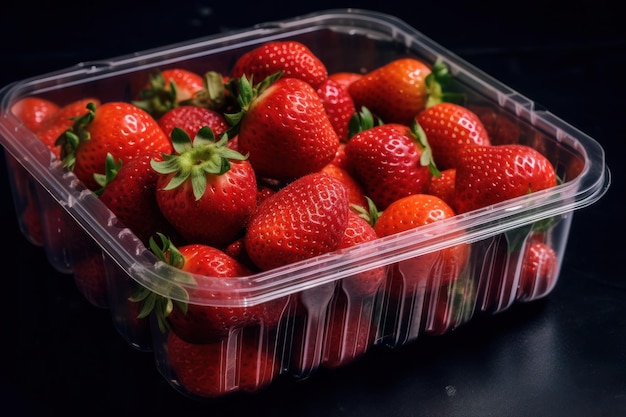 Fraises dans un récipient en plastique sur une surface sombre