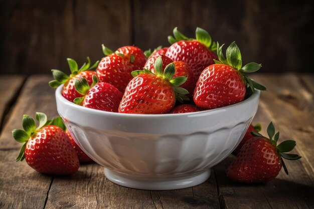 Des fraises délicieuses et juteuses dans un bol blanc sur une table rose.